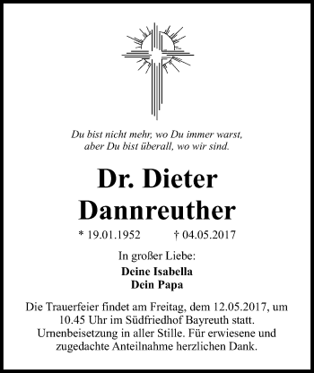 Anzeige von Dieter Dannreuther von Nordbayerischer Kurier