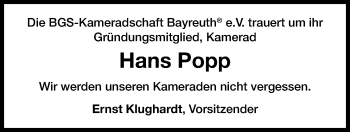 Anzeige von Hans Popp von Nordbayerischer Kurier