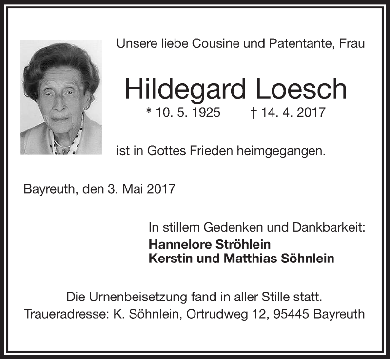  Traueranzeige für Hildegard Loesch vom 03.05.2017 aus Nordbayerischer Kurier