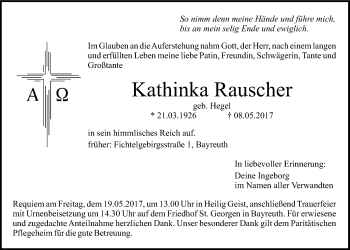 Anzeige von Kathinka Rauscher von Nordbayerischer Kurier