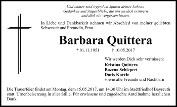 Anzeige von Barbara Quittera von Nordbayerischer Kurier