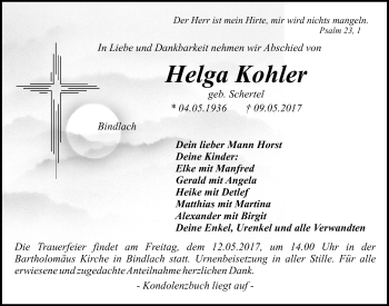 Anzeige von Helga Kohler von Nordbayerischer Kurier