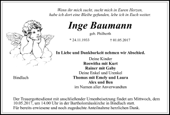 Anzeige von Inge Baumann von Nordbayerischer Kurier