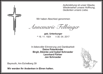 Anzeige von Annemarie Felbinger von Nordbayerischer Kurier