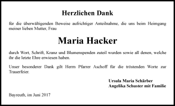Anzeige von Maria Hacker von Nordbayerischer Kurier