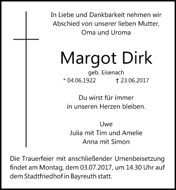 Anzeige von Margot Dirk von Nordbayerischer Kurier