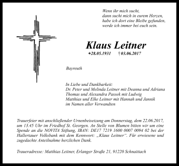 Anzeige von Klaus Leitner von Nordbayerischer Kurier