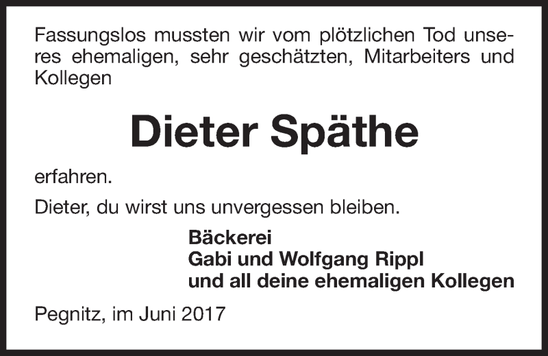  Traueranzeige für Dieter Späthe vom 01.06.2017 aus Nordbayerischer Kurier
