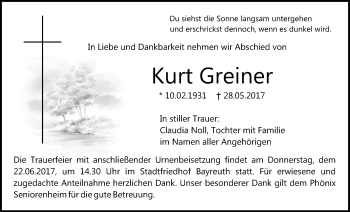 Anzeige von Kurt Greiner von Nordbayerischer Kurier
