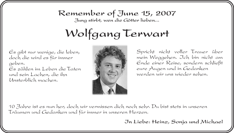  Traueranzeige für Wolfgang Terwart vom 15.06.2017 aus Nordbayerischer Kurier
