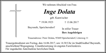 Anzeige von Inge Dolata von Nordbayerischer Kurier