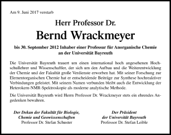 Anzeige von Bernd Wrackmeyer von Nordbayerischer Kurier