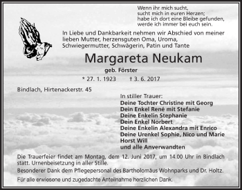 Anzeige von Margareta Neukam von Nordbayerischer Kurier