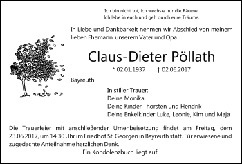 Anzeige von Claus-Dieter Pöllath von Nordbayerischer Kurier