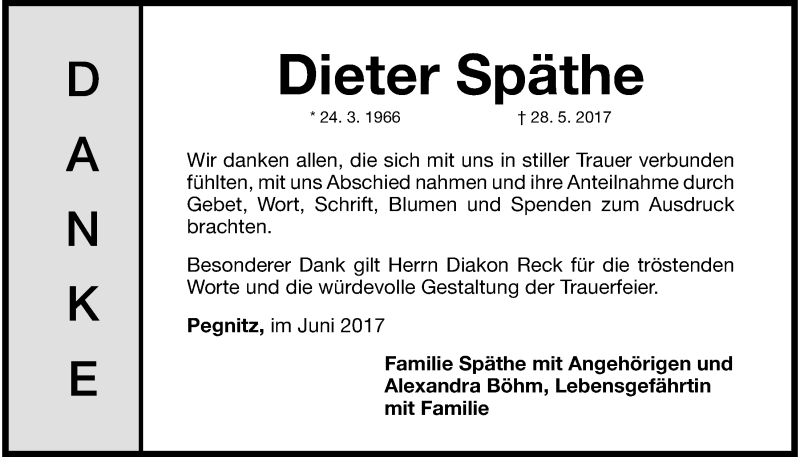  Traueranzeige für Dieter Späthe vom 17.06.2017 aus Nordbayerischer Kurier