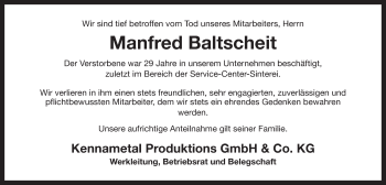 Anzeige von Manfred Baltscheit von Nordbayerischer Kurier