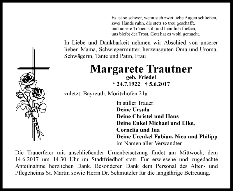  Traueranzeige für Margarete Trautner vom 10.06.2017 aus Nordbayerischer Kurier
