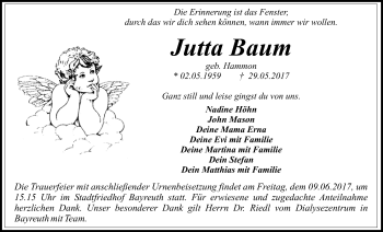 Anzeige von Jutta Baum von Nordbayerischer Kurier