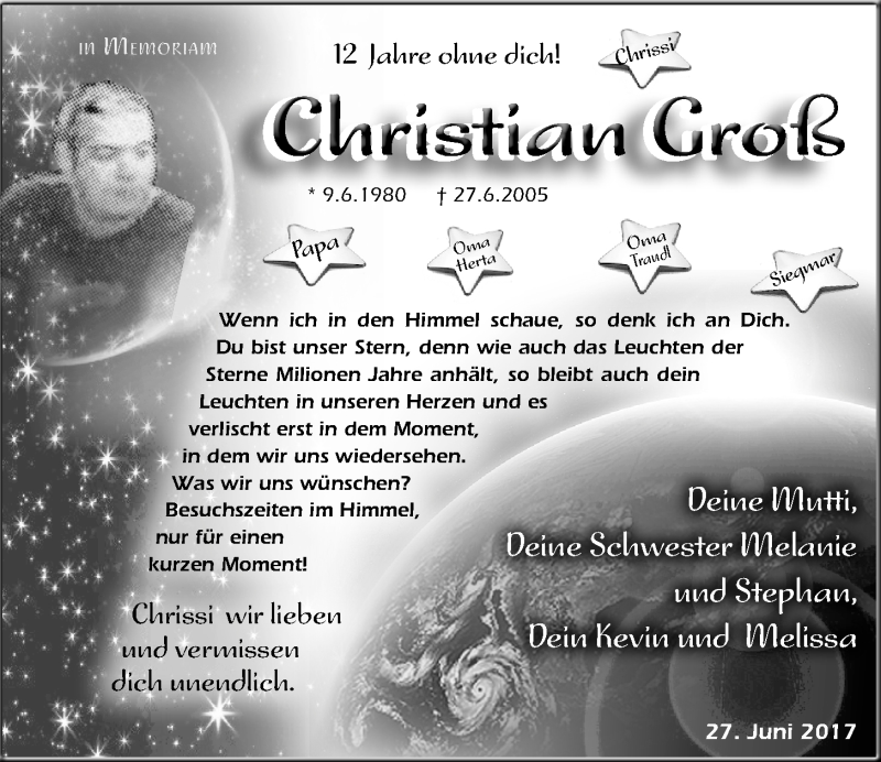  Traueranzeige für Christian Groß vom 27.06.2017 aus Nordbayerischer Kurier