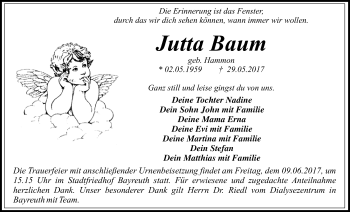Anzeige von Jutta Baum von Nordbayerischer Kurier