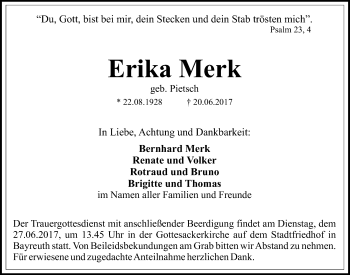 Anzeige von Erika Merk von Nordbayerischer Kurier