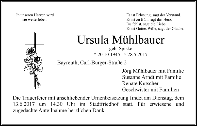  Traueranzeige für Ursula Mühlbauer vom 10.06.2017 aus Nordbayerischer Kurier