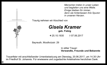 Anzeige von Gisela Kramer von Nordbayerischer Kurier