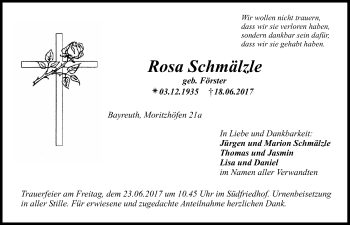 Anzeige von Rosa Schmälzle von Nordbayerischer Kurier