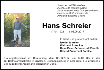 Anzeige von Hans Schreier von Nordbayerischer Kurier