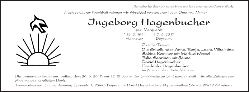  Traueranzeige für Ingeborg Hagenbucher vom 17.06.2017 aus Nordbayerischer Kurier