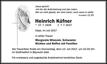 Anzeige von Heinrich Küfner von Nordbayerischer Kurier