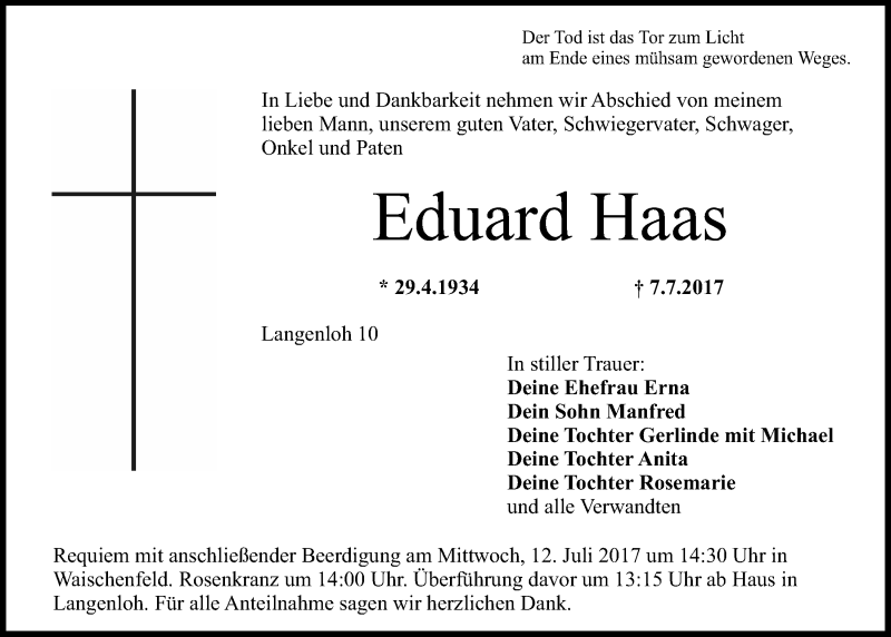  Traueranzeige für Eduard Haas vom 08.07.2017 aus Nordbayerischer Kurier