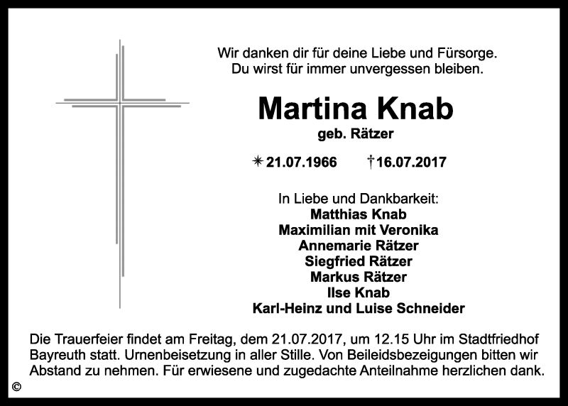  Traueranzeige für Martina Knab vom 19.07.2017 aus Nordbayerischer Kurier