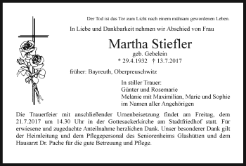 Anzeige von Martha Stiefler von Nordbayerischer Kurier