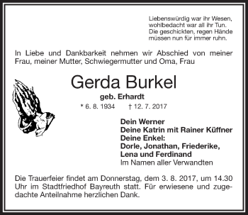 Anzeige von Gerda Burkel von Nordbayerischer Kurier