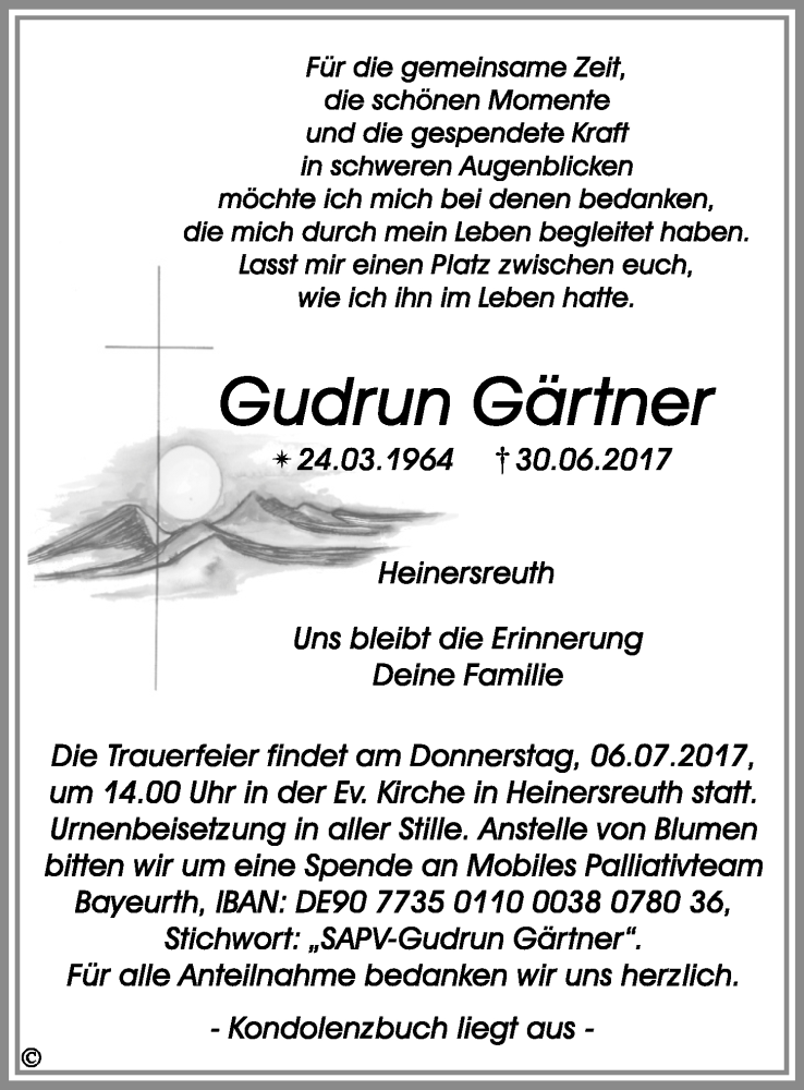  Traueranzeige für Gudrun Gärtner vom 04.07.2017 aus Nordbayerischer Kurier