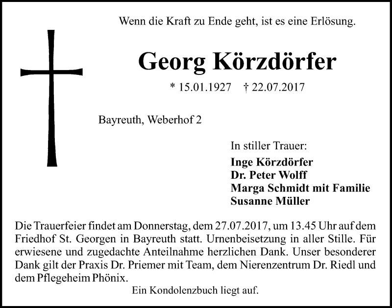  Traueranzeige für Georg Körzdörfer vom 25.07.2017 aus Nordbayerischer Kurier
