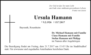 Anzeige von Ursula Hamann von Nordbayerischer Kurier