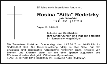 Anzeige von Rosina Sitta Redetzky von Nordbayerischer Kurier