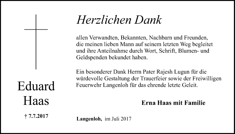  Traueranzeige für Eduard Haas vom 29.07.2017 aus Nordbayerischer Kurier