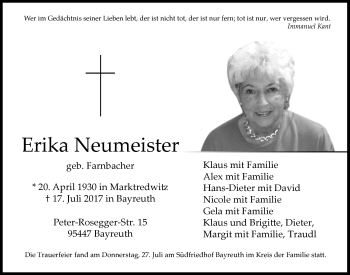 Anzeige von Erika Neumeister von Nordbayerischer Kurier