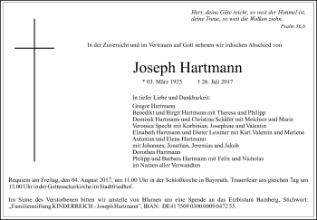 Anzeige von Joseph Hartmann von Nordbayerischer Kurier