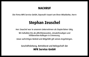 Anzeige von Stephan Zeuschel von Nordbayerischer Kurier