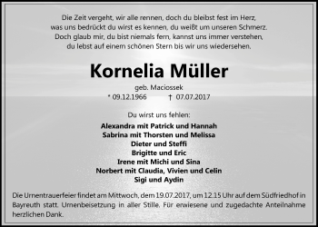 Anzeige von Kornelia Müller von Nordbayerischer Kurier