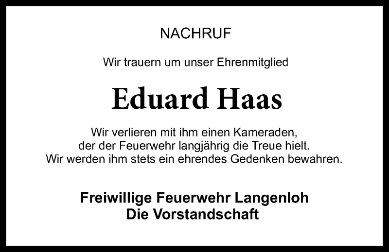  Traueranzeige für Eduard Haas vom 11.07.2017 aus Nordbayerischer Kurier