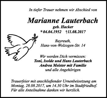 Anzeige von Marianne Lauterbach von Nordbayerischer Kurier