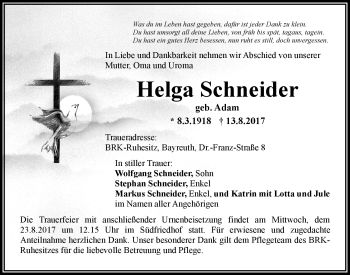 Anzeige von Helga Schneider von Nordbayerischer Kurier