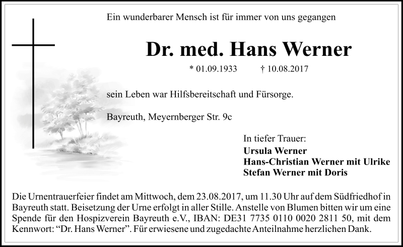  Traueranzeige für Hans Werner vom 16.08.2017 aus Nordbayerischer Kurier
