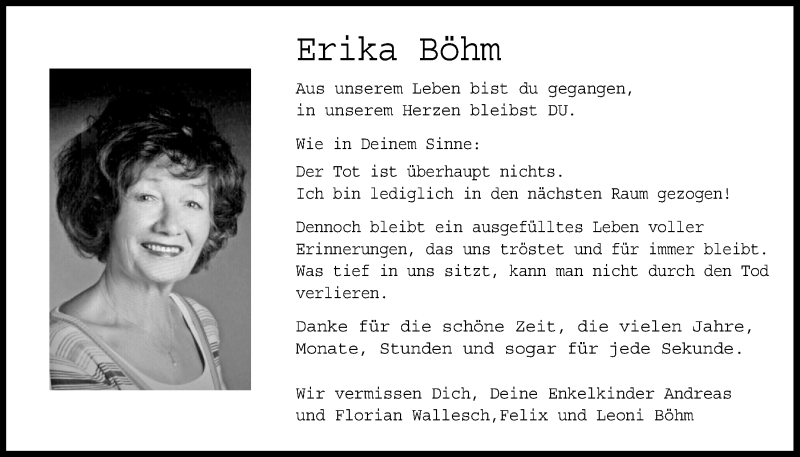  Traueranzeige für Erika Böhm vom 09.08.2017 aus Nordbayerischer Kurier