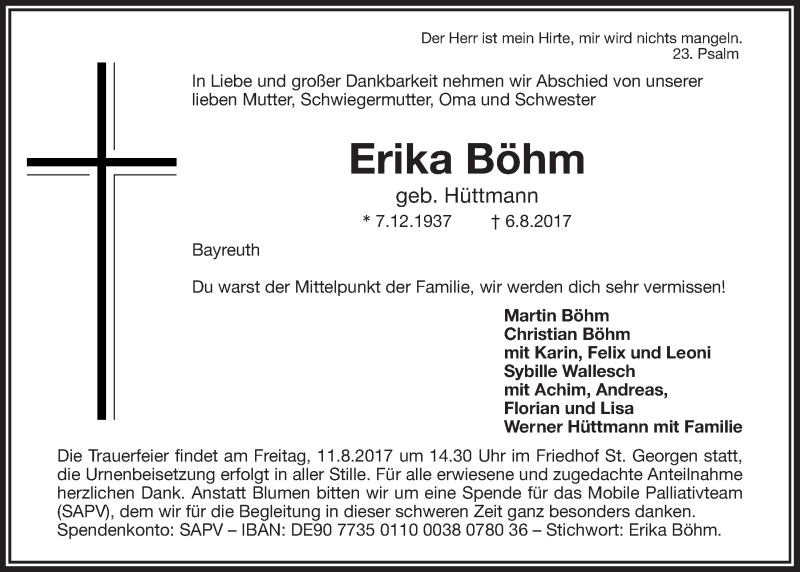  Traueranzeige für Erika Böhm vom 09.08.2017 aus Nordbayerischer Kurier